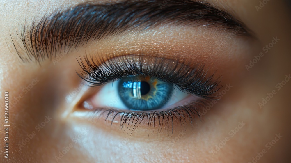 Obraz premium A close-up shot of a woman's blue eye with long eyelashes.