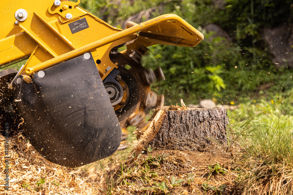 Stump grinder machine is grinding a tree stump in a garden, creating wood chips. Selective focus