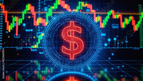 dollar coin over market background. Cryptocurrency concept. Financial technology chart analysis. Digital currency exchange. Global economy investment graph. Money profit.