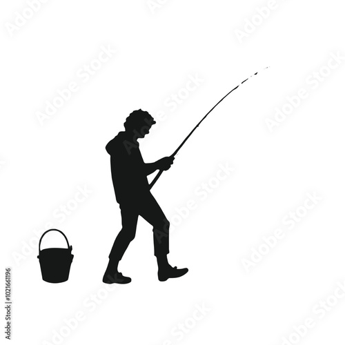 A silhouette of a man fishing with a fishing rod and bucket 