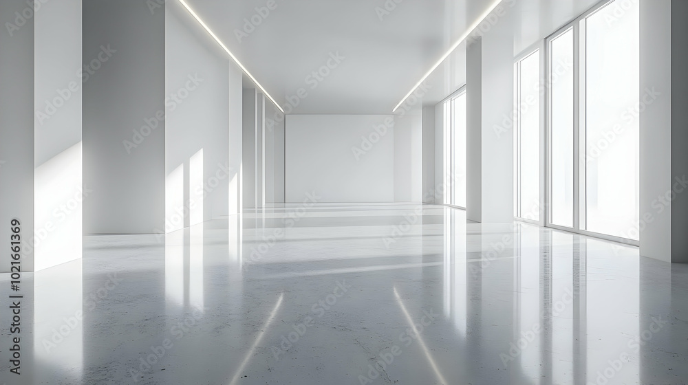 Modern Empty Room with White Walls and Windows 3D Illustration