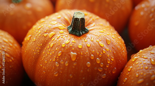 Ripe orange pumpkins closeup. Thanksgiving day or Halloween concept. Beautiful holiday harvest autumn banner background with copy space 
 photo