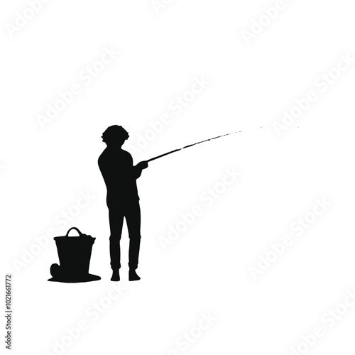 A silhouette of a man fishing with a fishing rod and bucket 