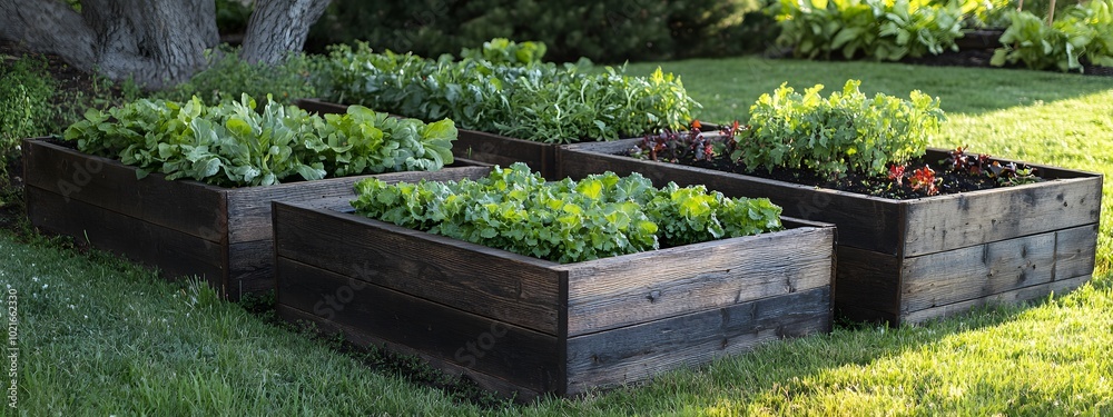 Fototapeta premium Wooden raised bed with vegetables and herbs in the garden, home vegetable planters for small spaces