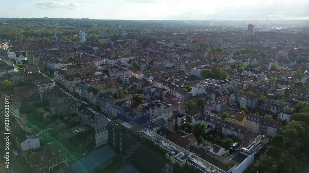 Aerial view of homes in Aarhus Denmark reversing Aerial view of homes in Aarhus Denmark reversing