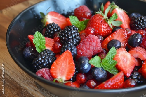 Black bowl overflowing with strawberries, blueberries, blackberries and raspberries