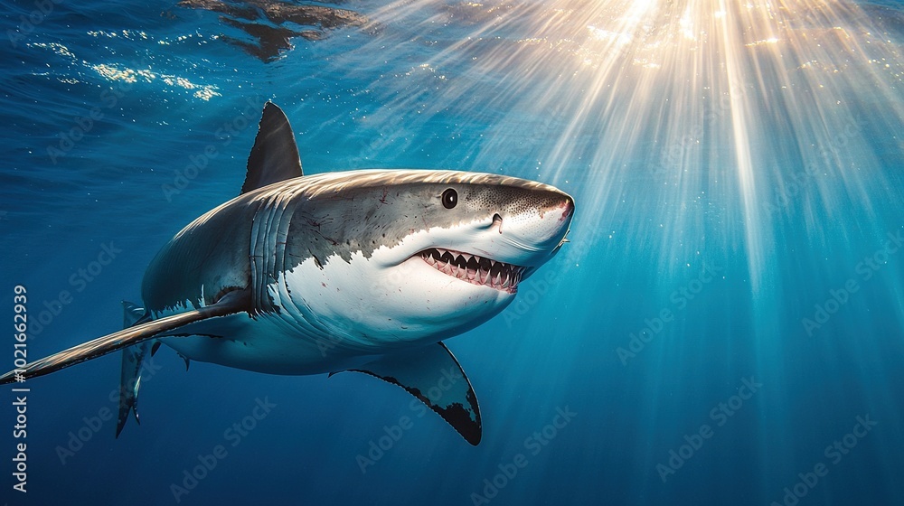 Fototapeta premium A Great White Shark Swims Beneath Sunlight Streaming Through Water