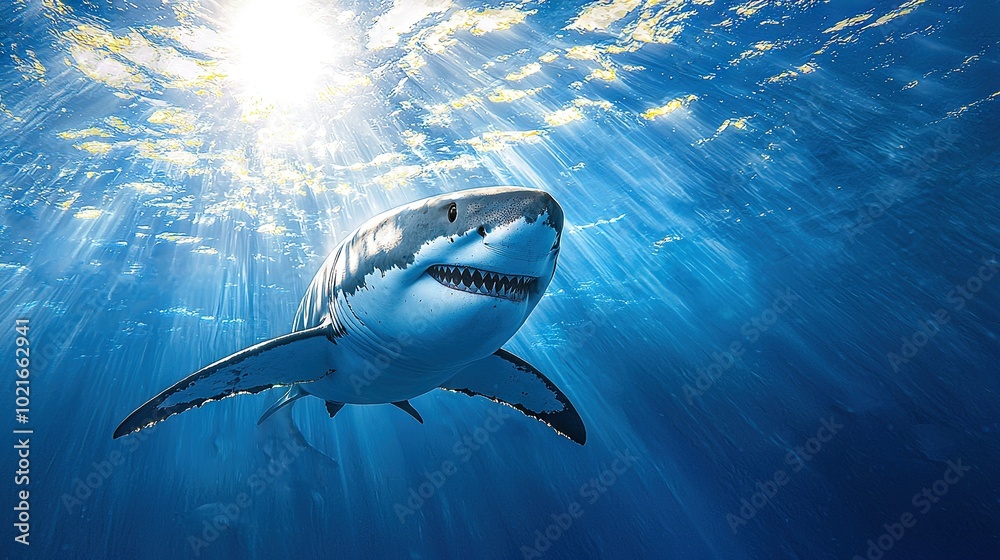 Fototapeta premium A Great White Shark Swims Under Water