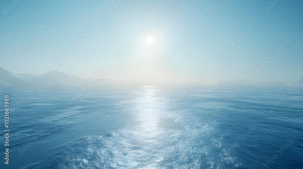 Calm Ocean Surface with Mountains in Background - 3D Illustration Calm Ocean Surface with Mountains in Background - 3D Illustration