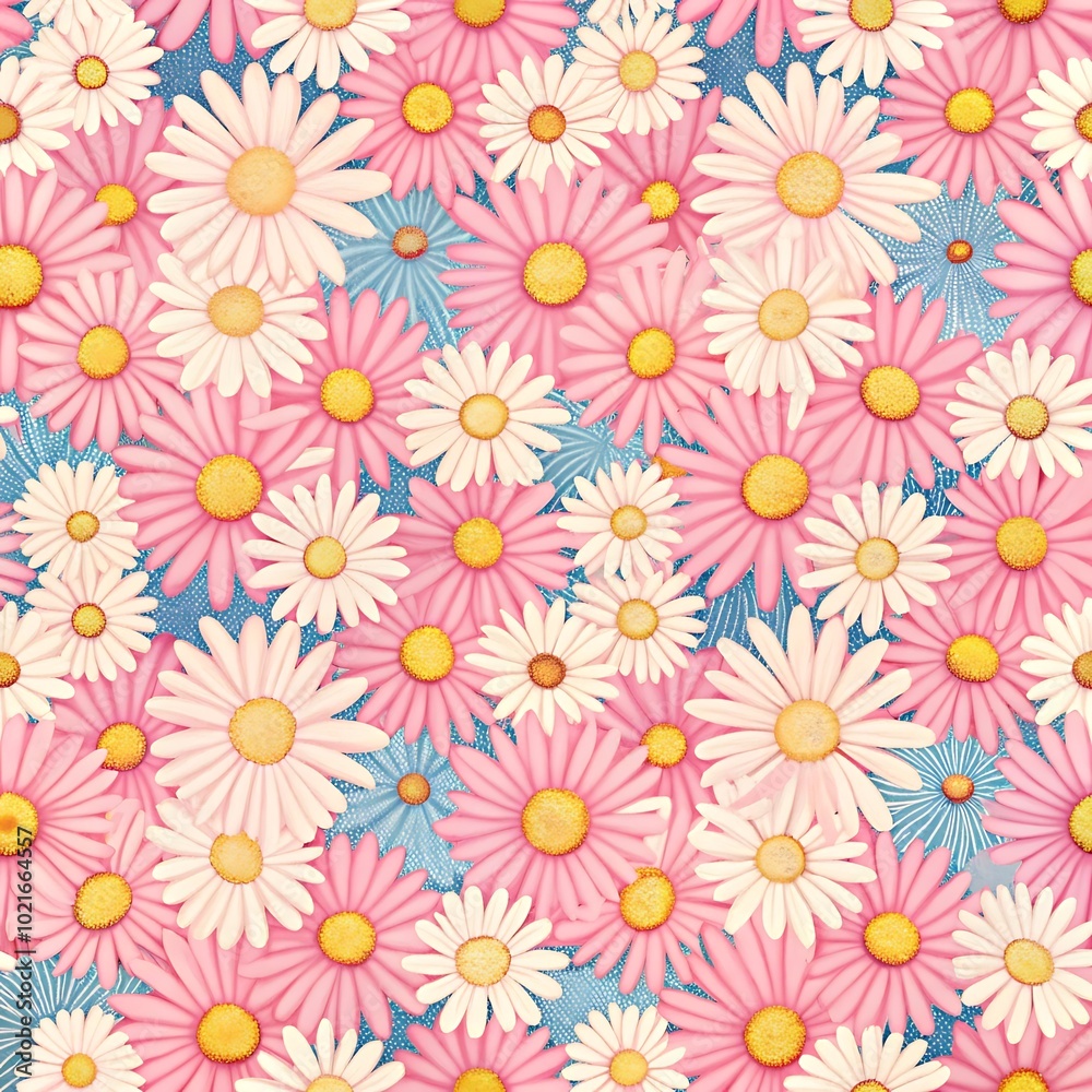 Spring daisies seamless pattern with vibrant pink, blue, and yellow flowers for fabric design
Spring daisies seamless pattern with vibrant pink, blue, and yellow flowers for fabric design