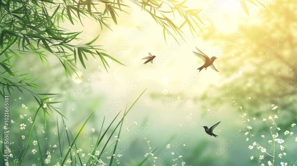 Birds Flying in a Bamboo Forest with a Beam of Sunlight Birds Flying in a Bamboo Forest with a Beam of Sunlight