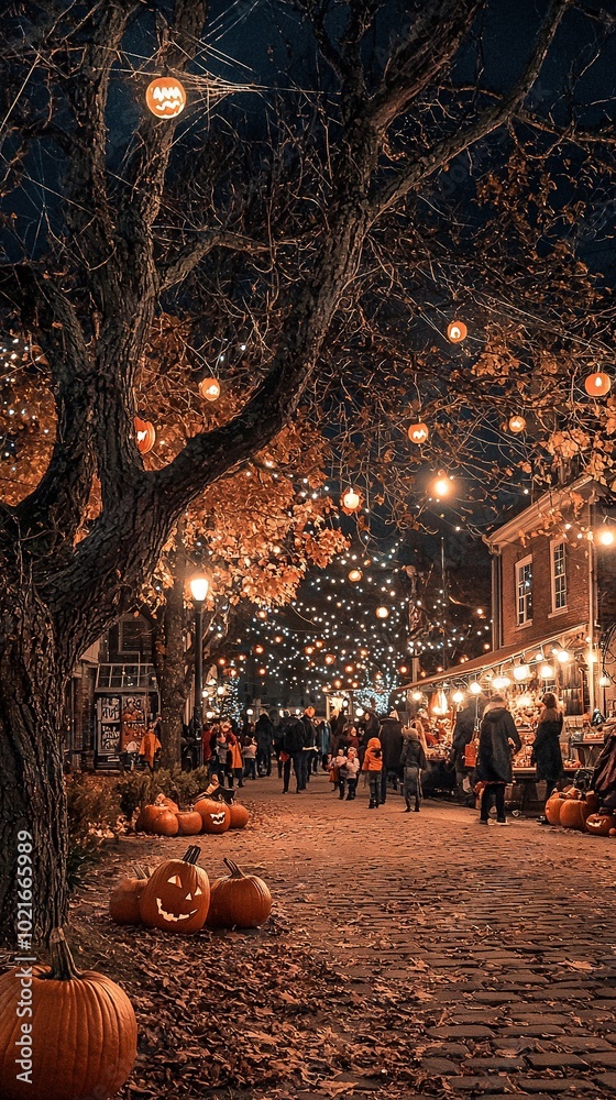 Fototapeta premium A cluster of pumpkins resting on the ground beneath a tree with lights dangling from its limbs
