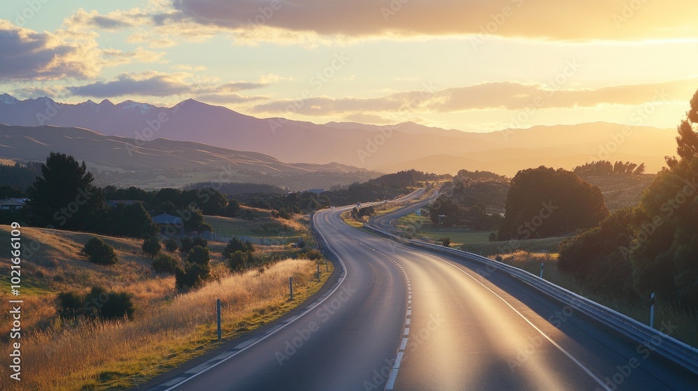 Fototapeta premium A scenic highway at dusk, the last rays of the setting sun illuminating the road as it stretches toward a distant mountain range.