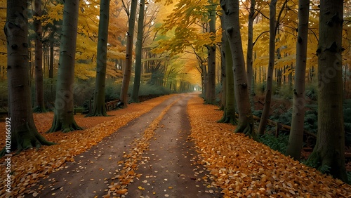 Scenic Forest Path Covered in Autumn Leaves: Peaceful Fall Walk Through Nature photo