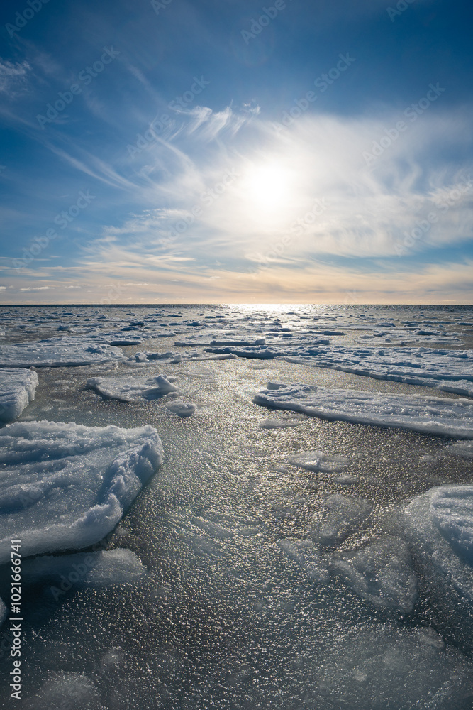 Split Ice Seascape on Surface in Fractal Patterns Seen in the Northern Atlantic Ocean in Winter Vertical Picture