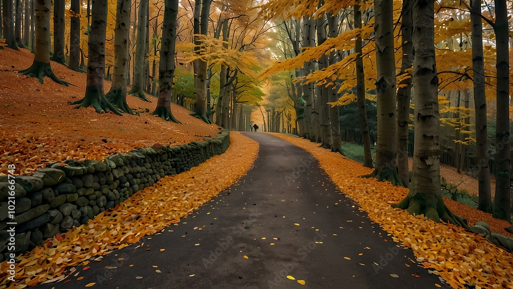 Fototapeta premium Scenic Forest Path Covered in Autumn Leaves: Peaceful Fall Walk Through Nature