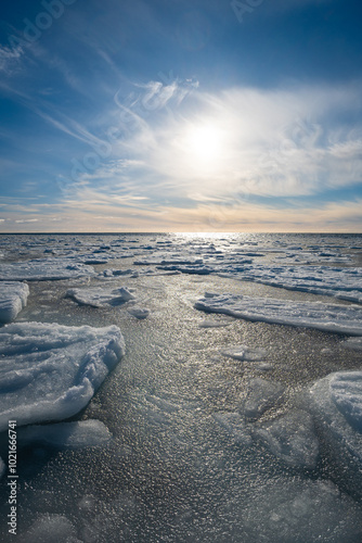 Obraz na płótnie Split Ice Seascape on Surface in Fractal Patterns Seen in the Northern Atlantic Ocean in Winter Vertical Picture w salonie