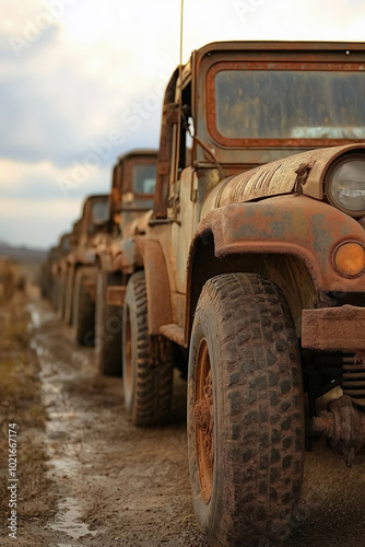 Row of rugged, muddy off-road vehicles parked on a dirt path, symbolizing adventure, toughness, and outdoor exploration.