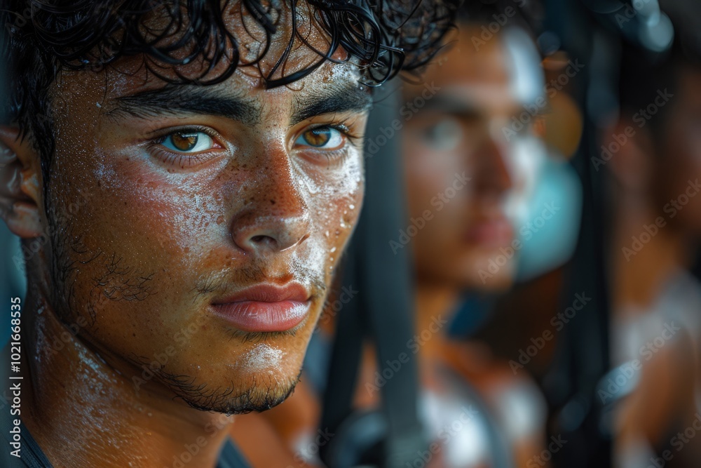 A young athlete with intense focus and sweat on his face, conveying determination and effort.