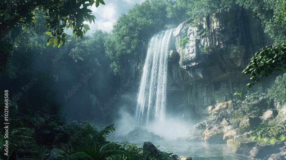 A waterfall shrouded in mist, surrounded by lush green foliage and tall trees, creating a mystical atmosphere in the heart of nature. A waterfall shrouded in mist, surrounded by lush green foliage and tall trees, creating a mystical atmosphere in the heart of nature.