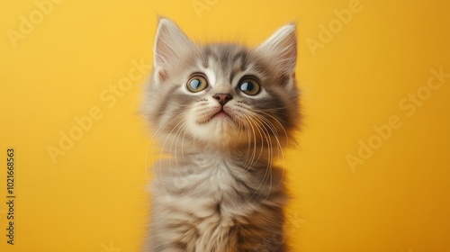 A cute grey kitten with blue eyes looking up on a yellow background.