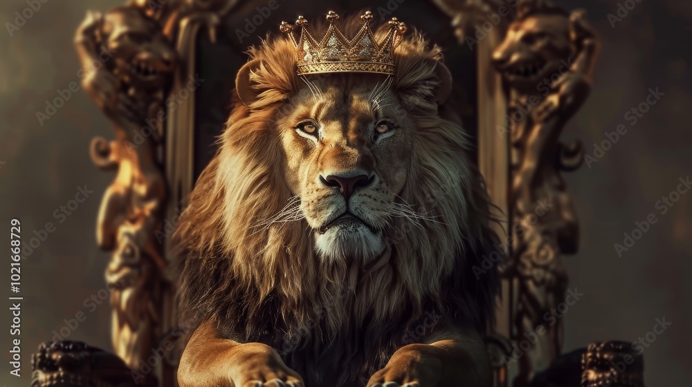 A majestic lion wearing a golden crown sits regally on a throne, exuding power and authority. A majestic lion wearing a golden crown sits regally on a throne, exuding power and authority.
