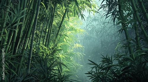  A painting of lush green bamboo forest under a soft top-light