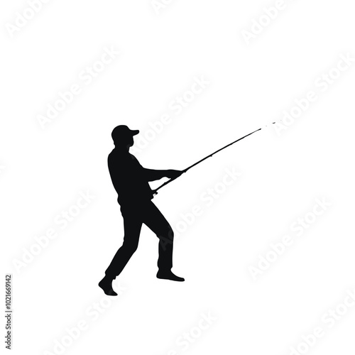 A silhouette of a man fishing with a fishing rod and bucket 
