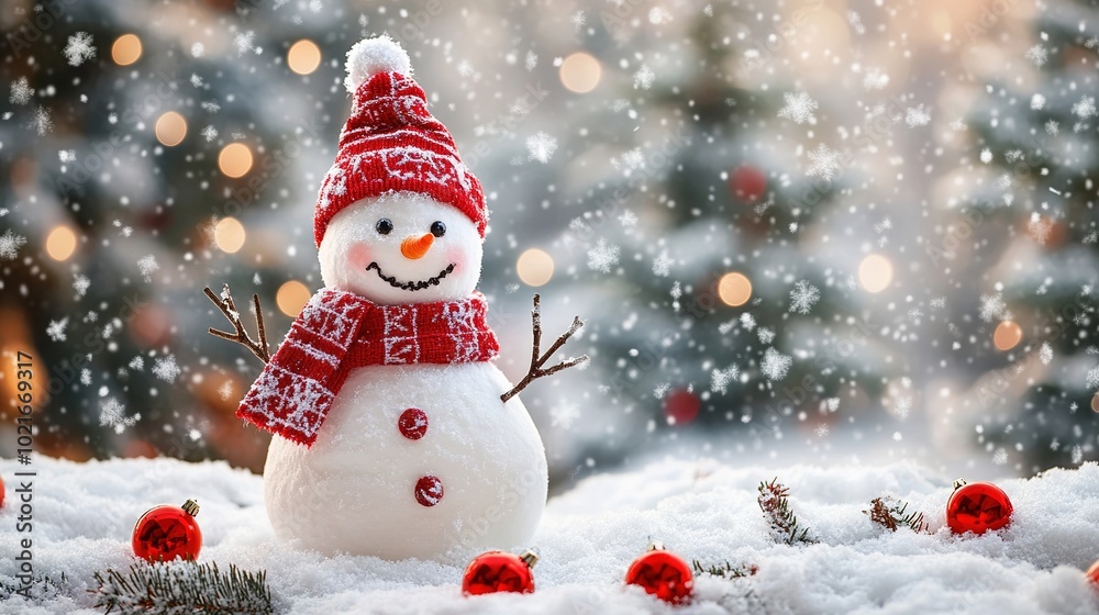 cute snowman near christmas tree outside during snowfall cute snowman near christmas tree outside during snowfall