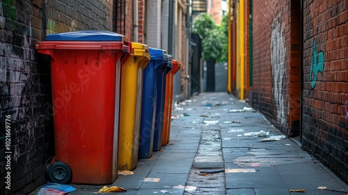 Colorful recycling bins in an urban alleyway, the bright colors contrasting with the rough, worn look of the surroundings. --ar 16:9 --v 6.1 Job ID: 5f793e30-8e8e-4f7b-ad77-b987b129ec7a