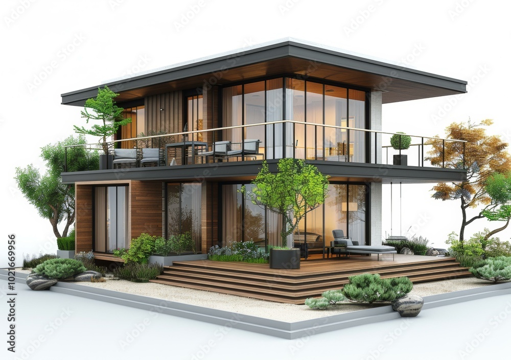 Fototapeta premium Modern Wooden House Design with Garden