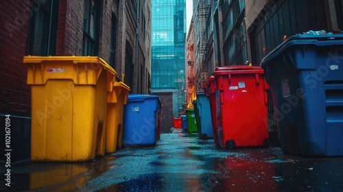 Colorful Trash Bins in Urban Alley. photo