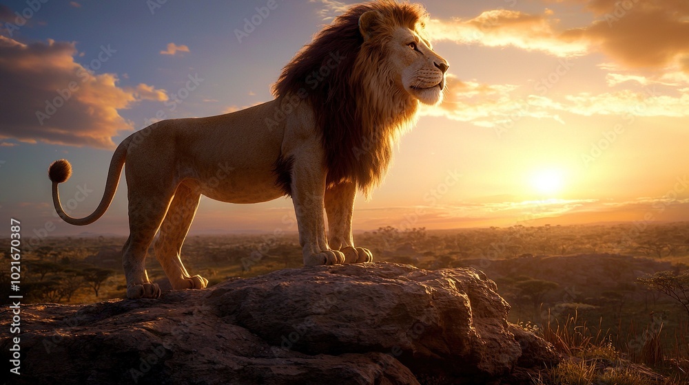 A lion on rock amidst sunset, cloudy sky valley below A lion on rock amidst sunset, cloudy sky valley below