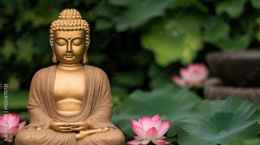 Fototapeta premium Golden Buddha Statue in Tranquil Garden Setting