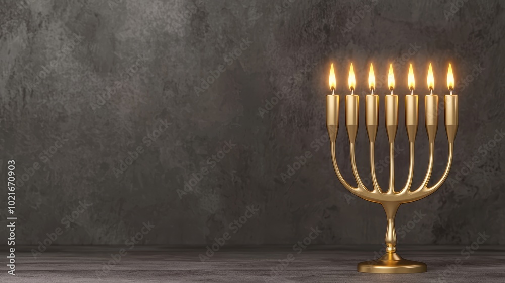 Golden Menorah with Lit Candles on a Rustic Background Golden Menorah with Lit Candles on a Rustic Background