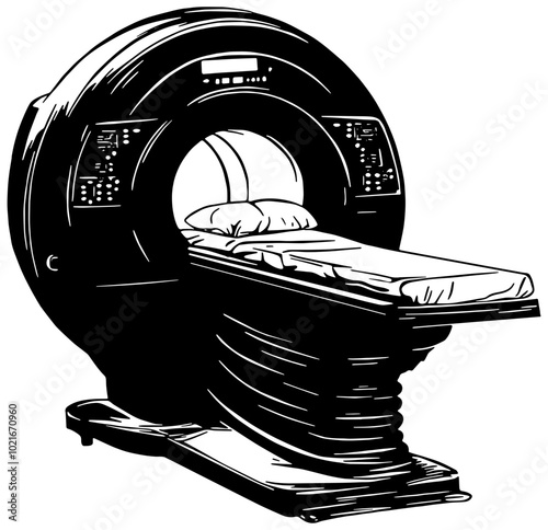 Cartoon MRI machine illustration in black, isolated 