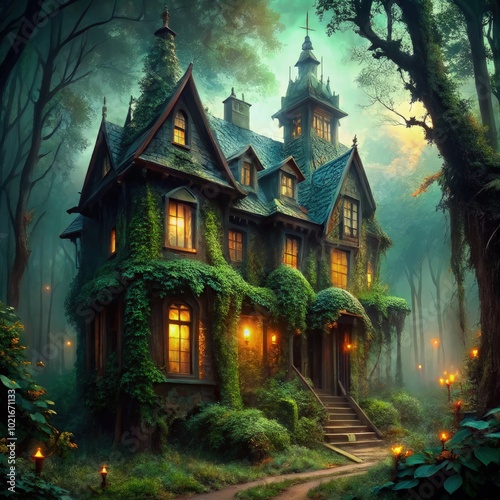 Charming multi-story house surrounded by lush forest in twilight. Generative AI