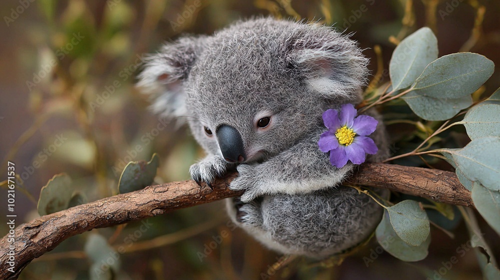 Obraz premium A koala bear perched atop a tree branch, clutching a vibrant purple flower against its fur-covered back while resting its weary head upon another branch above
