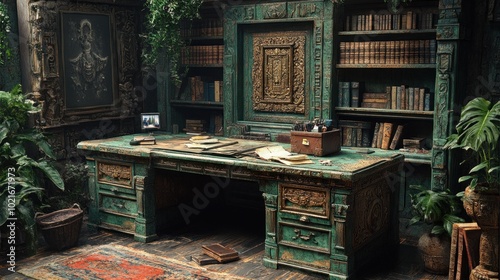 An antique wooden desk with a green patina and ornate carvings sits in a room with bookshelves filled with leather-bound books, a rug, and potted plants.