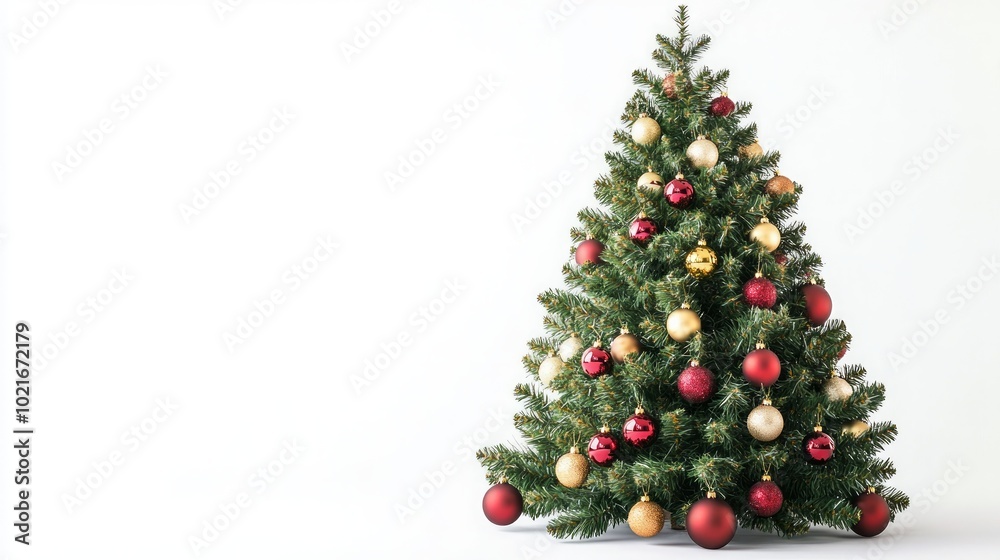 A decorated Christmas tree with red and gold ornaments stands against a white background. A decorated Christmas tree with red and gold ornaments stands against a white background.