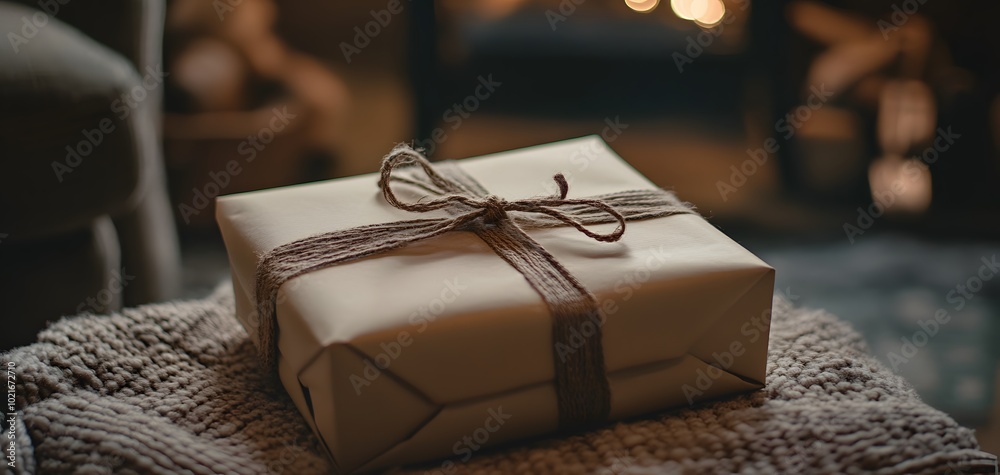 A beautifully wrapped gift sits on a cozy blanket, surrounded by a warm and inviting atmosphere of a festive room. A beautifully wrapped gift sits on a cozy blanket, surrounded by a warm and inviting atmosphere of a festive room.