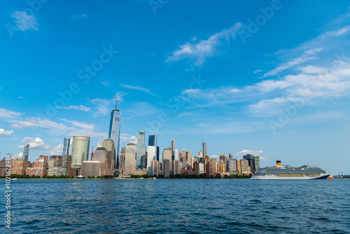 Cruise ship York. Skyline of New York Manhattan cruising on the Hudson River cruise liner. New york cruise lines ships vacation