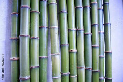 Green bamboo sticks arranged in a row showcasing natural textures and colors. Generative AI