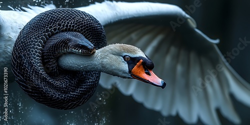 Fototapeta Naklejka Na Ścianę i Meble -  A swan in flight, powerfully captured with a snake tightly wrapped around its neck.