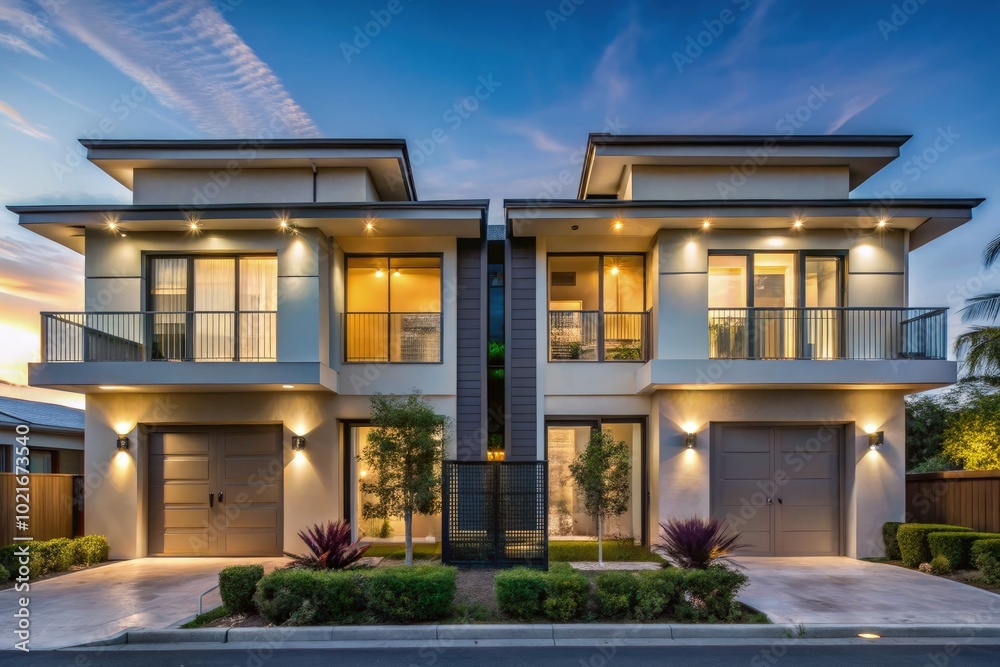 Luxury duplex exterior view at daytime showcasing modern architectural style. Generative AI Luxury duplex exterior view at daytime showcasing modern architectural style. Generative AI
