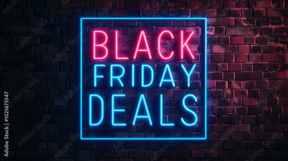 Obraz premium Multicolor Neon 'BLACK FRIDAY DEALS' Sign on a Brick Wall