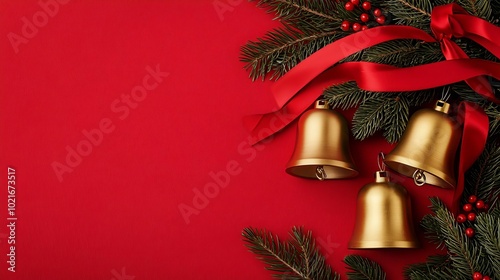 Flat lay of golden holiday bells, red ribbons, and pine branches on red fabric, festive Christmas arrangement, elegant holiday decor