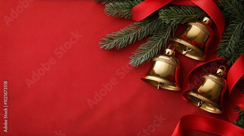 Flat lay of golden holiday bells, red ribbons, and pine branches on red fabric, festive Christmas arrangement, elegant holiday decor