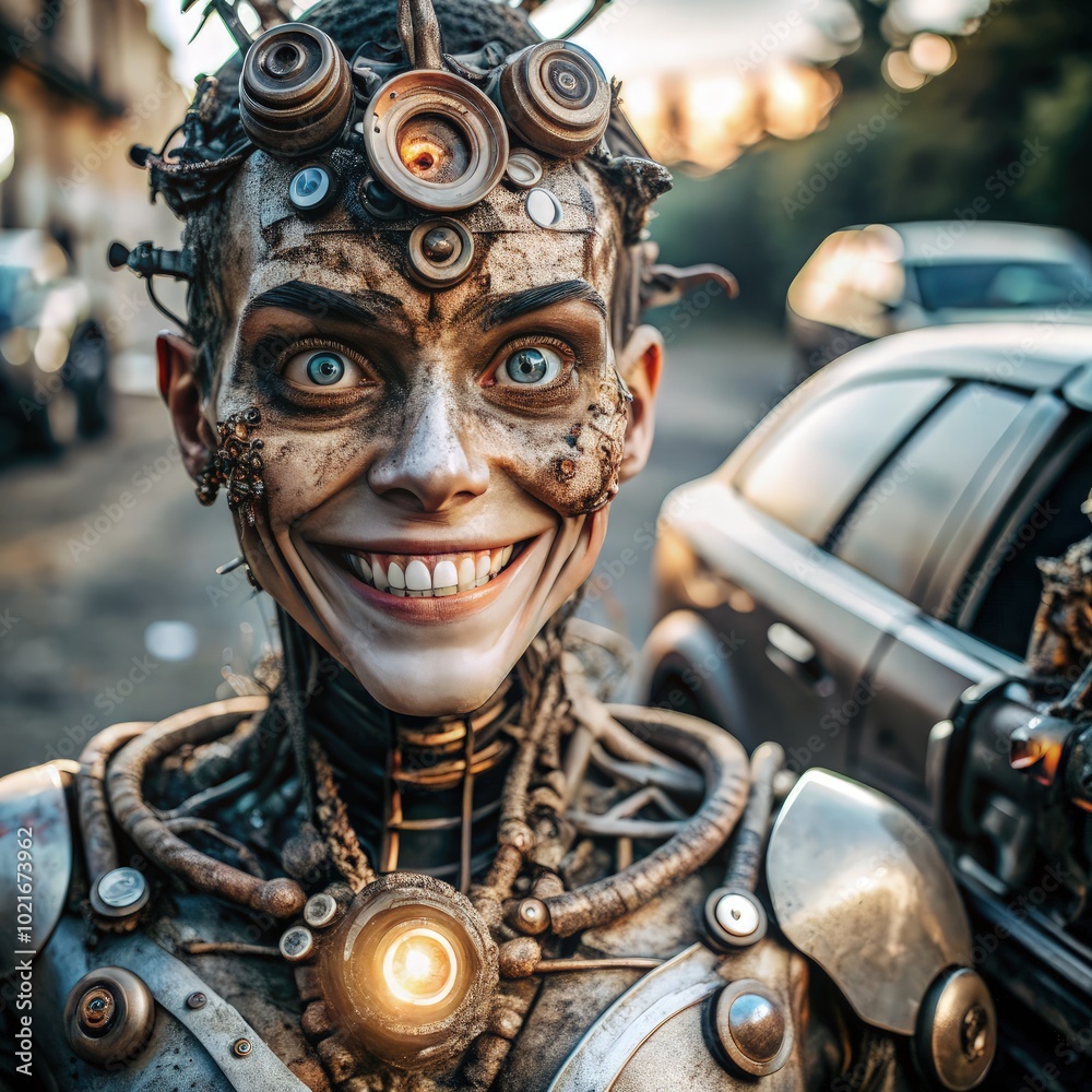 A surreal robot figure smiles amidst a bustling urban landscape at dusk. Generative AI A surreal robot figure smiles amidst a bustling urban landscape at dusk. Generative AI