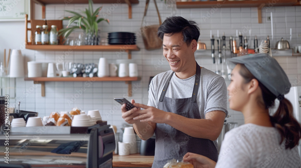 Smiling barista interacting with a customer in a cozy coffee shop, featuring a modern interior and friendly atmosphere.
Smiling barista interacting with a customer in a cozy coffee shop, featuring a modern interior and friendly atmosphere.